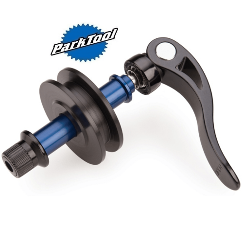 Verktyg Park Tool DH-1 Dummy nav är ett cykeltillbehör med blå spindel, svart snabbkopplingsspak och svarta skivformade ändar, som visas på en vit bakgrund med Park Tool-logotypen.