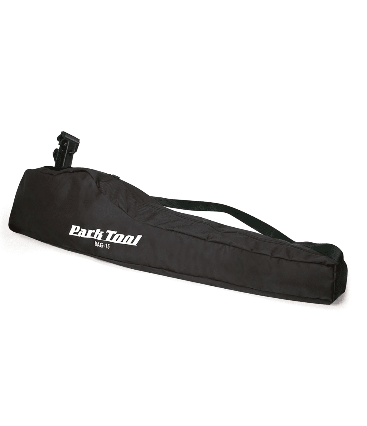 park.tool_.vaska_.bag-15.png Park Tool Väska Travel & Storage BAG-15 är en svart bärväska med dragkedja och axelrem, märkt "BAG-15" i vitt, avsedd för transport av verktyg eller utrustning.