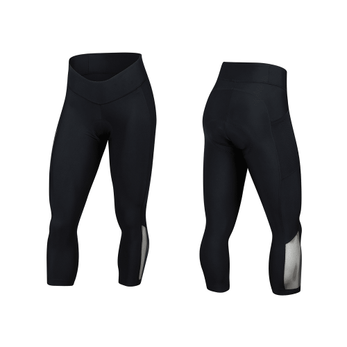 Pearl Izumi Sugar Crop 3/4 Tight Womens visas i svart framifrån och bakifrån och har en bred linning, meshpaneler nära vaderna och en figurnära, stretchig design.