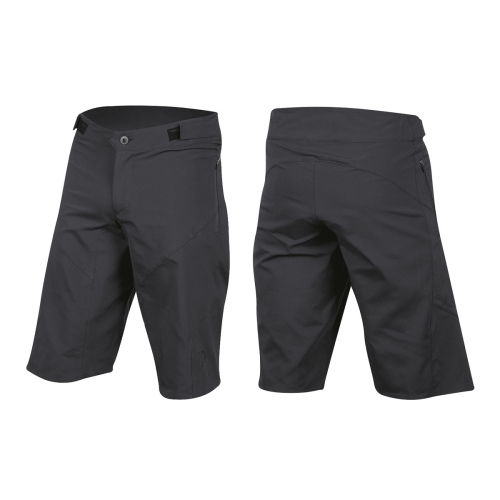 Pearl Izumi Summit Shell Short visas i svart, knälång, med sidofickor med dragkedja och knappstängning i midjan. Tyget ser slätt ut med en lätt struktur. Fram- och bakifrån visas.