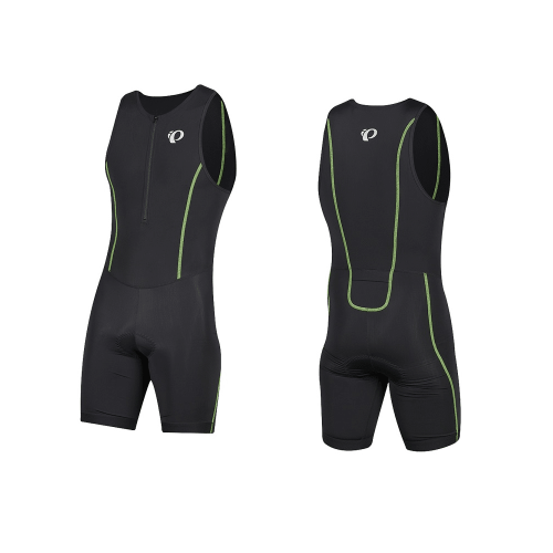 Fram- och bakifrån av Pearl Izumi Select Pursuit triathlondräkt, en ärmlös svart triathlondräkt med gröna sömmar, dragkedja fram och liten vit logotyp på bröstet och ryggen, mot en vit bakgrund.