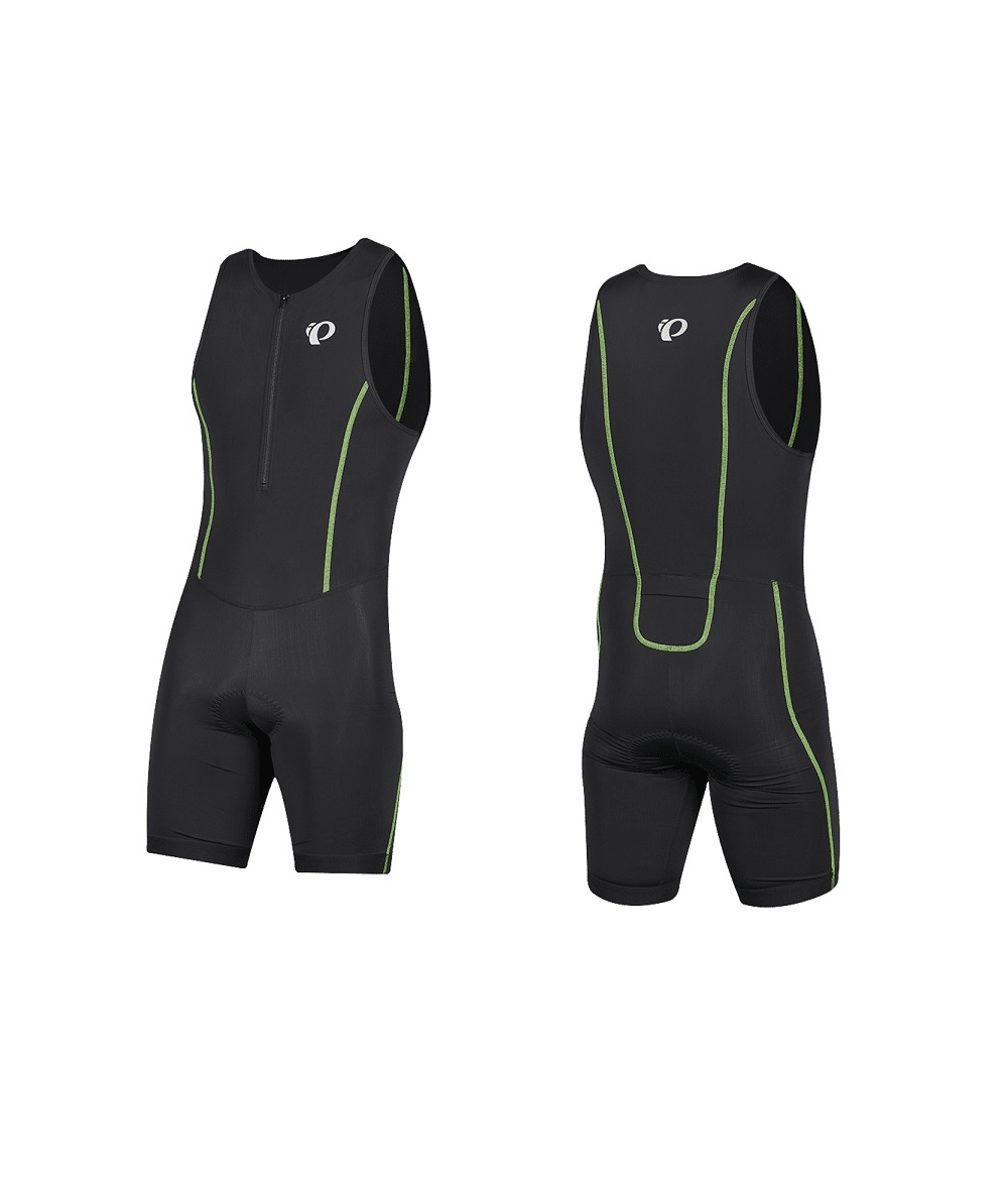 pearl-izumi-thi-drackt-select-pursuit.png Fram- och bakifrån av Pearl Izumi Select Pursuit triathlondräkt, en ärmlös svart triathlondräkt med gröna sömmar, dragkedja fram och liten vit logotyp på bröstet och ryggen, mot en vit bakgrund.