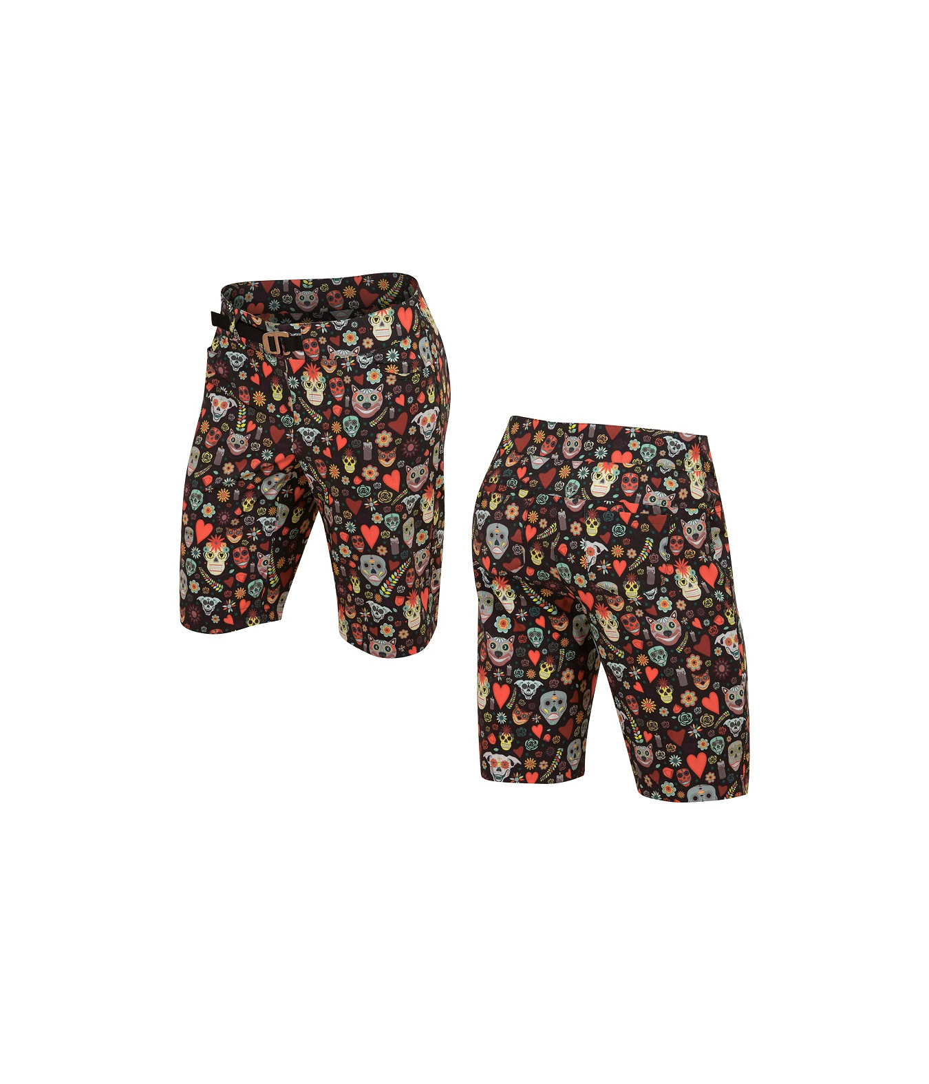 pearl-izumi-womens-summit-shell-shorts-sugar-skulls.png Två par Pearl Izumi Summit Shell Short Women, knälånga svarta shorts med ett färgglatt mönster av tecknade dödskallar och hjärtan, visas framifrån och bakifrån mot en vit bakgrund.
