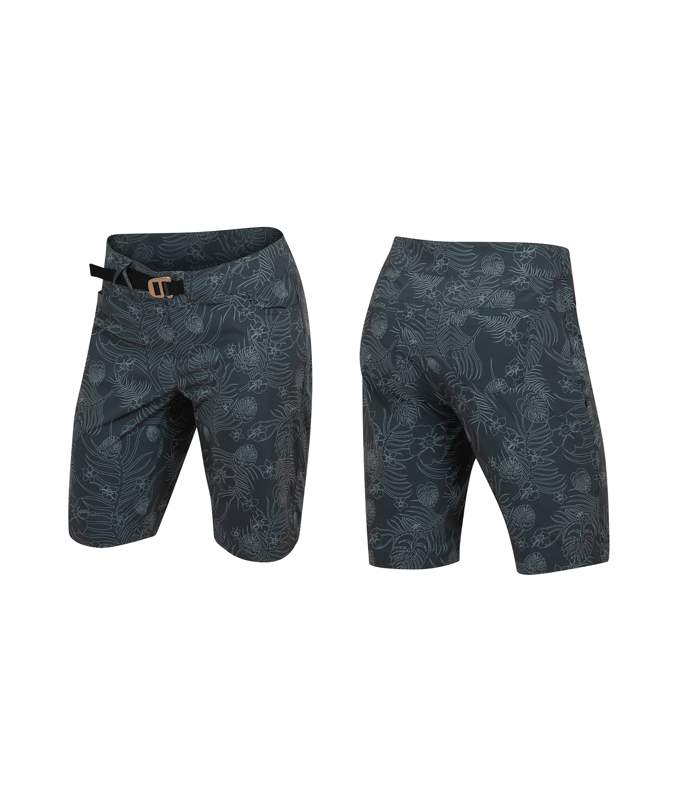pearl-izumi-womens-summit-shell-shorts.png Fram- och bakifrån på Pearl Izumi Summit Shell Short Women i mörkgrått med subtilt bladmönster, justerbart midjebälte och knälångt snitt, mot en vit bakgrund.