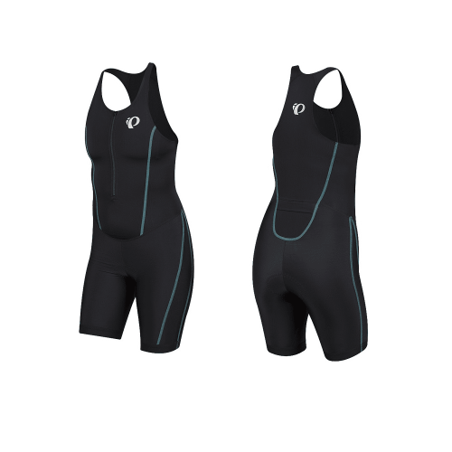 Pearl Izumi Select Pursuit Triathlondräkt Women är en svart ärmlös dräkt med blå sömmar, som visas fram och bak. Den har dragkedja framtill, racerback-design och en vit logotyp på övre delen av bröstet.