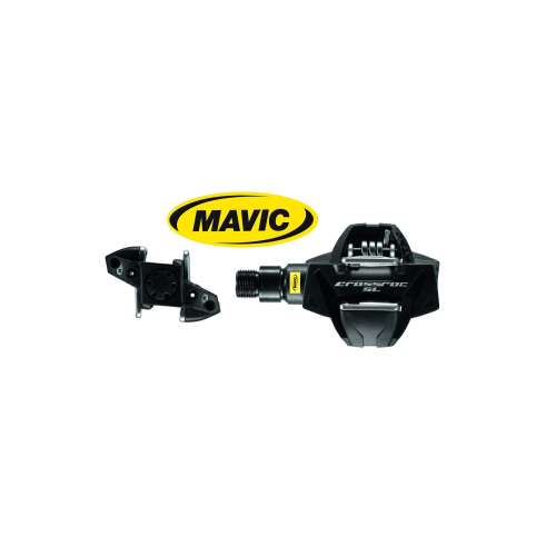 En svart Mavic Crossride SL MTB-pedal med matchande klossar visas. Logotypen "Mavic" är tydligt framhävd. Bilden är tagen i en studio med ett välbalanserat ljus.