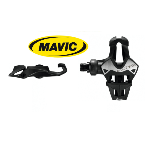 Mavic Zxellium pedaler och klossar visas i en studiofotografering med jämnt ljus. Detaljer inkluderar pedalens svarta och silverfärgade design och klossens strömlinjeformade form.