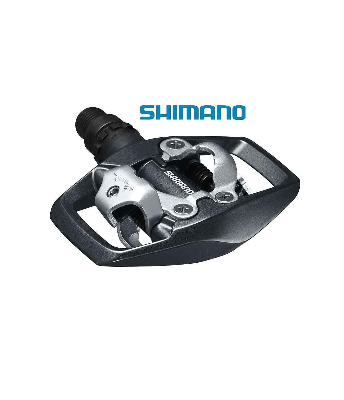pedaler-shimano-pd-ed500.png Detaljerad bild av en Shimano PD-ED500 SPD-pedal, presenterad i stark belysning som framhäver dess grå och silverfärgade yta och den exakta mekaniska designen.