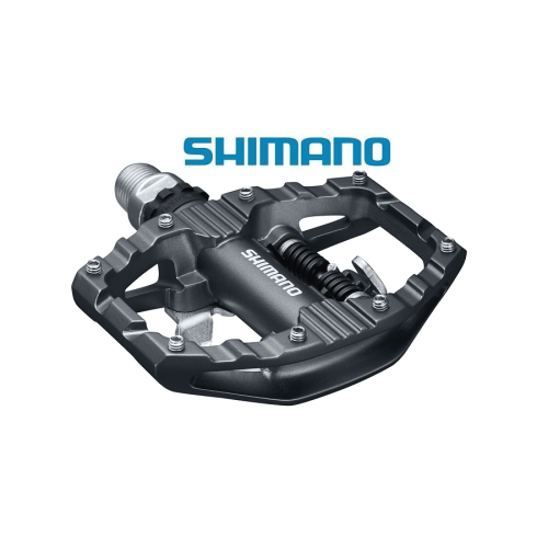 Shimano PD-EH500 SPD-pedal med plattform, avbildad i detaljrikt studiofoto med jämnt ljus. Fokus på pedalkroppens grå nyanser och den karakteristiska Shimano-logotypen.