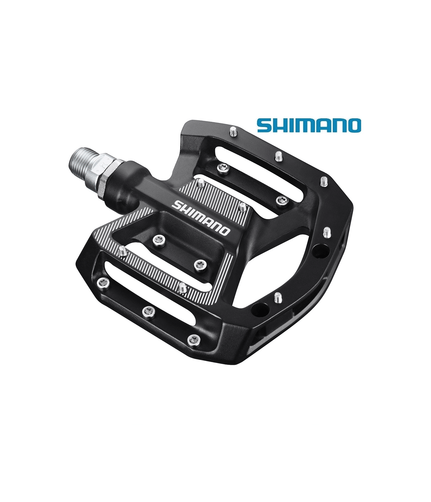 pedaler-shimano-pd-gr500-plattform.png Cykelpedalen Shimano PD-GR500 plattform i svart, fotograferad mot en vit bakgrund. Pedalen har silverfärgade skruvar och en "SHIMANO" logotyp. Jämnt och studiolikt ljus.