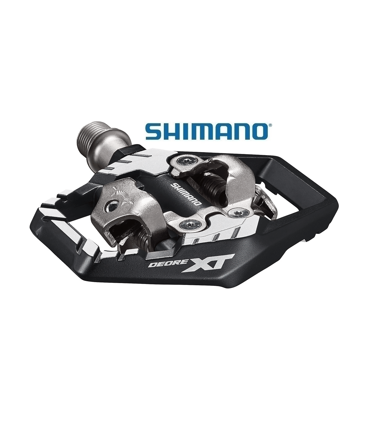 pedaler-shimano-xt-pd-m8120.png Detaljerad bild av en Shimano XT PD-M8120 SPD-pedal. Fokus på metallkonstruktionen och den svarta plattformen med 'DEORE XT' tryckt i vitt. Studioljus framhäver detaljerna.