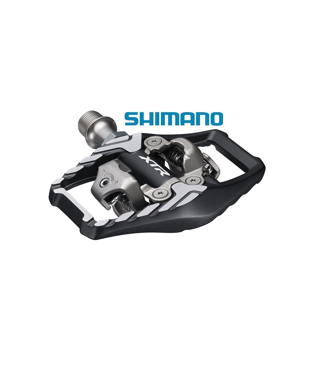 pedaler-shimano-xtr-pd-m9120.png En Shimano XTR PD-M9120 SPD-pedal i silver och svart, framhävd av studiokvalitetsbelysning. Detaljer inkluderar XTR-märkningen, fjädrar och precisionskonstruktion som visas i ett ren, vit bakgrund.