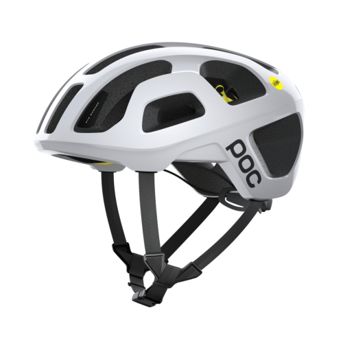 Poc Octal Mips är en vit cykelhjälm med svarta ventilationsöppningar, svart invändig stoppning, justerbara svarta hakremmar och "POC"-logotypen tryckt i svart på sidan.