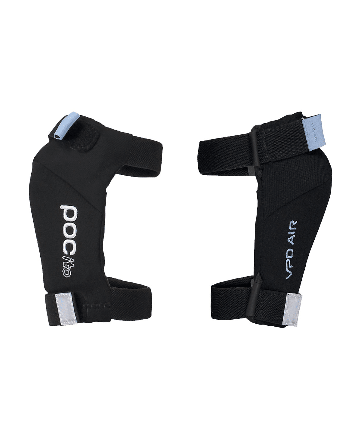 pocito-skydd1.png Ett par svarta POCito Joint VPD Air Protector handledsskydd med justerbara remmar och blå reflekterande flikar; det ena visar "pocito", det andra "VPD AIR". Utformade för handledsskydd.