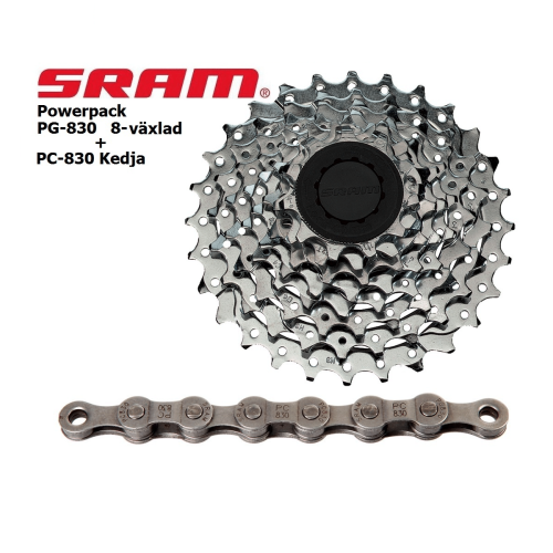 Detaljerad produktbild visar SRAM Powerpack PG-830/850 kassett och PC-830 kedja mot vit bakgrund, presenterande växlar och kedjans precisa konstruktion i ljus belysning.