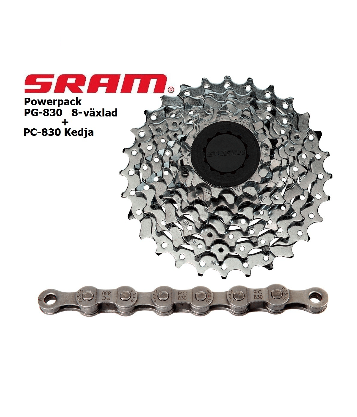 power-pack-sram-pg-830.png Detaljerad produktbild visar SRAM Powerpack PG-830/850 kassett och PC-830 kedja mot vit bakgrund, presenterande växlar och kedjans precisa konstruktion i ljus belysning.