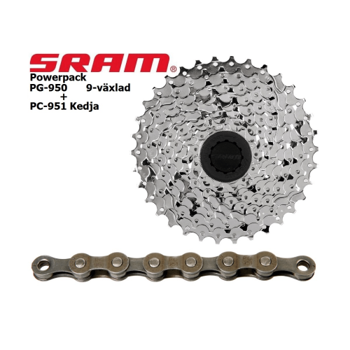 En skinande SRAM PG-950 kassett och PC-951 kedja visas mot en ren vit bakgrund. Det skarpa ljuset framhäver detaljerna i cykelkomponenterna, vilket ger en professionell och informativ presentation.
