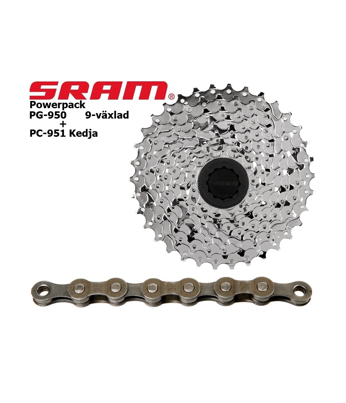 power-pack-sram-pg-950.png En skinande SRAM PG-950 kassett och PC-951 kedja visas mot en ren vit bakgrund. Det skarpa ljuset framhäver detaljerna i cykelkomponenterna, vilket ger en professionell och informativ presentation.