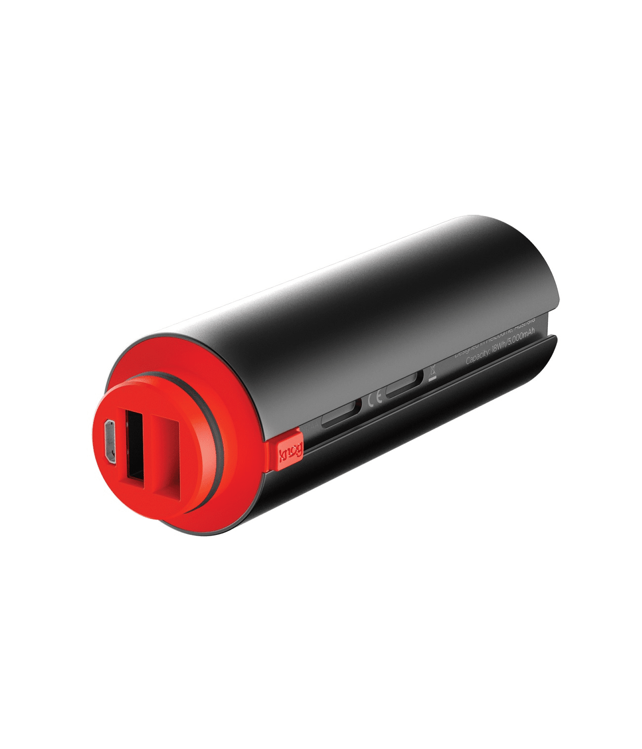 powerbank-knog-pwr-medium.png Powerbank Knog PWR är en cylindrisk svart och röd bärbar powerbank med två USB-portar och en mikro-USB-port i ena änden, mot en vit bakgrund.