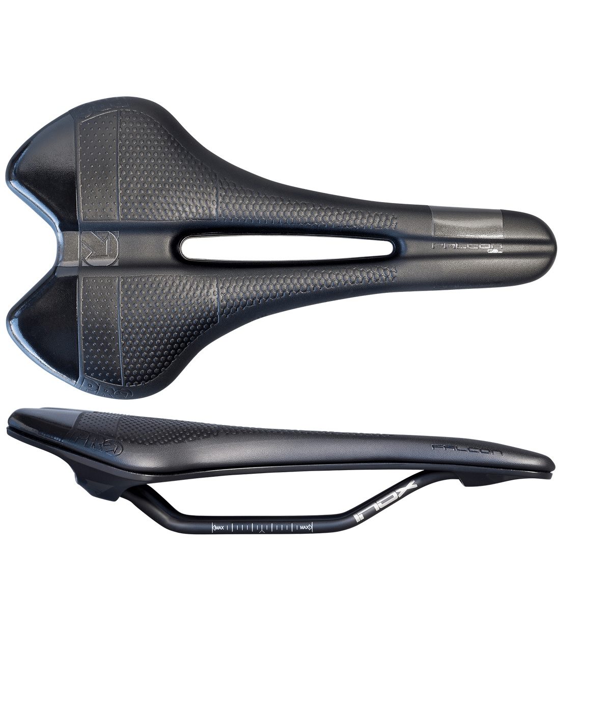 pro-sadel-falcon-gel.png Svart Pro Falcon Gel cykelsadel i två vinklar, med detaljerad textur och INOX-skenor. Stämningsfull belysning framhäver sadelns aerodynamiska design och komfortfunktioner. Perfekt för landsvägscykling.