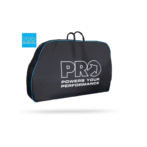 En svart Pro Bike bag en mjuk transportväska för cykel med blå accenter, två topphandtag och "PRO Powers Your Performance" tryckt i vitt på sidan.