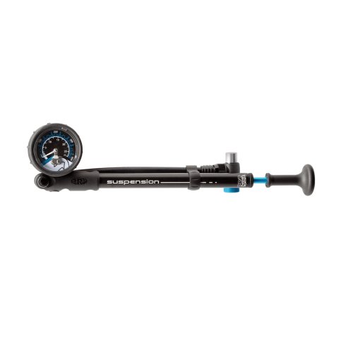 Svart gaffelpump Pro för fram- och bakdämpare med tryckmätare som indikerar ca 25 PSI. Studioljus framhäver detaljerna på den mattsvarta ytan och blå detaljer.