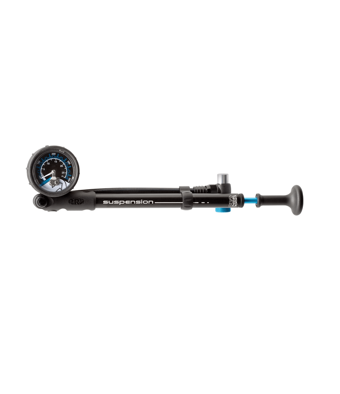 pro.gaffelpump.png Svart gaffelpump Pro för fram- och bakdämpare med tryckmätare som indikerar ca 25 PSI. Studioljus framhäver detaljerna på den mattsvarta ytan och blå detaljer.