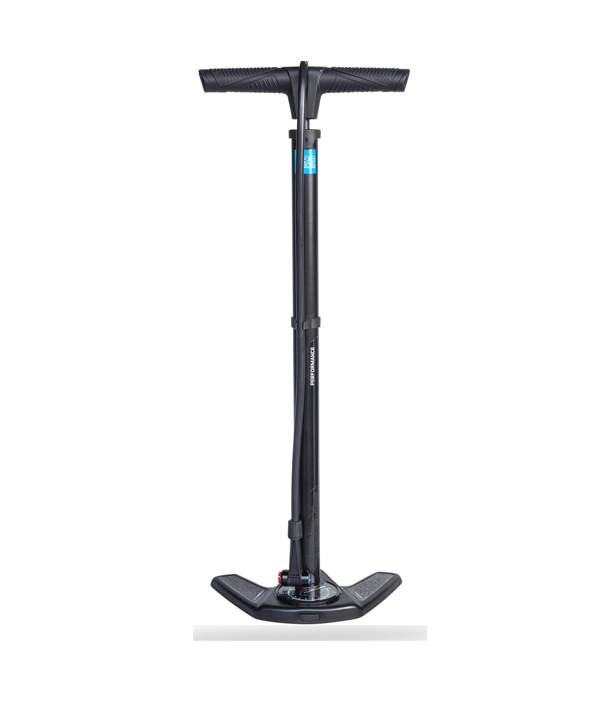 pro.performance.fotpump.png Golvpump Pro Performance i stål, avbildad mot en vit bakgrund. Pumpen är svart med ett T-format handtag och en bred fot för stabilitet. Bra ljus framhäver detaljerna.