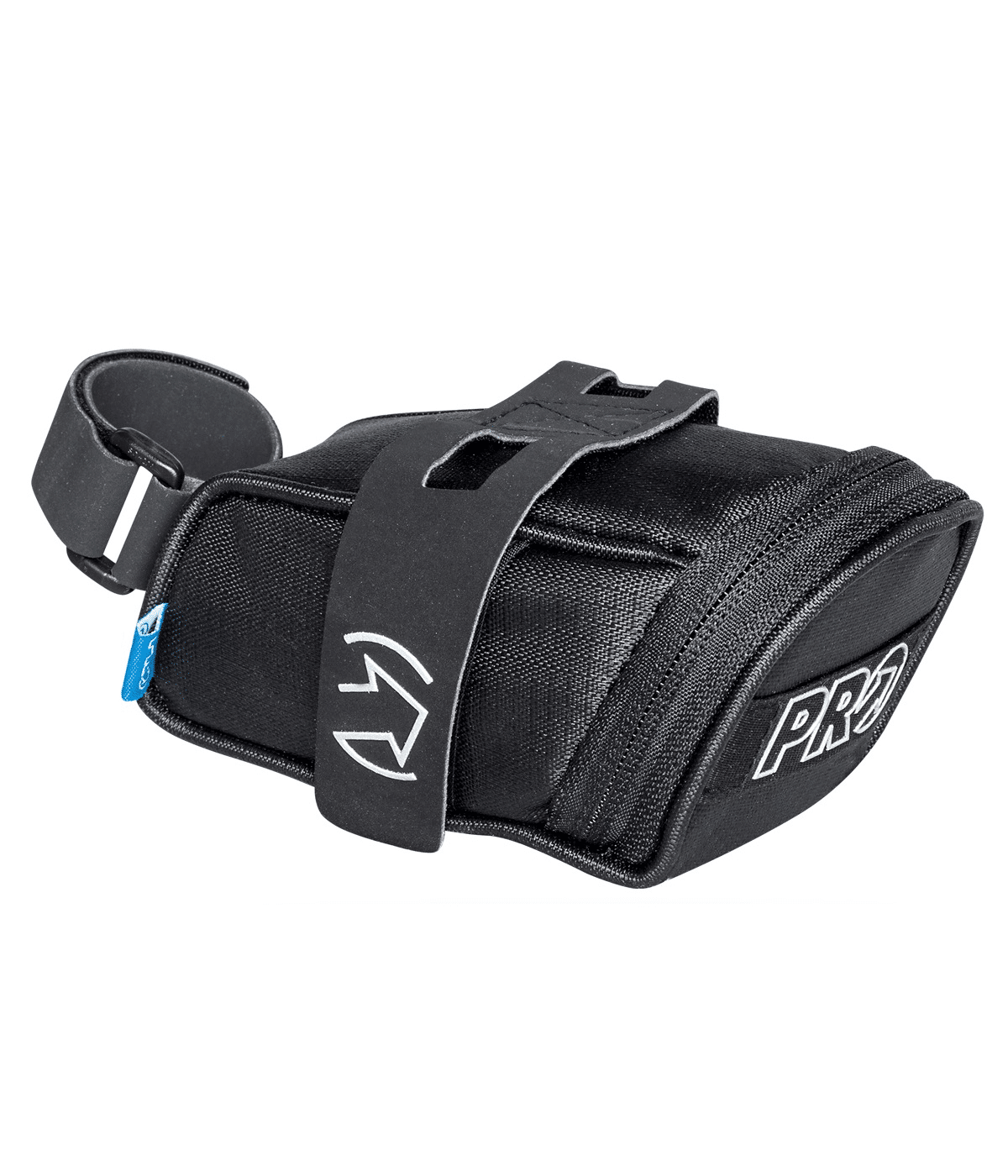 pro.sadelvaska.mini_.png Pro mini strap sadelväska med spännrem är en svart, kompakt sadelväska med blixtlåsförsett fack, säkra kardborreband och en vit PRO-logotyp på sidan, utformad för att fästas under en cykelsadel.