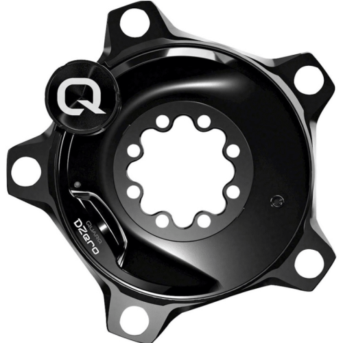 Närbild av svart Quarq DZero-spindel för Sram XX1 wattmätare. Stark belysning framhäver den släta ytan och detaljerna, inklusive logotypen och monteringshålen. Används för att mäta kraft under cykling.