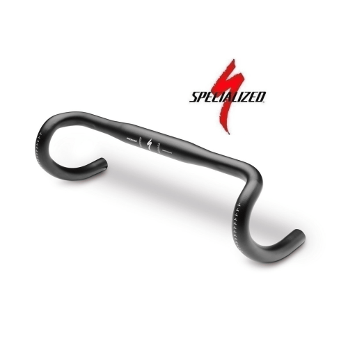 Specialized Short Reach racerstyre i svart aluminium, placerat diagonalt på en vit bakgrund. Produktlogotypen "Specialized" syns i rött ovanför styret, vilket skapar en snygg och professionell presentation.