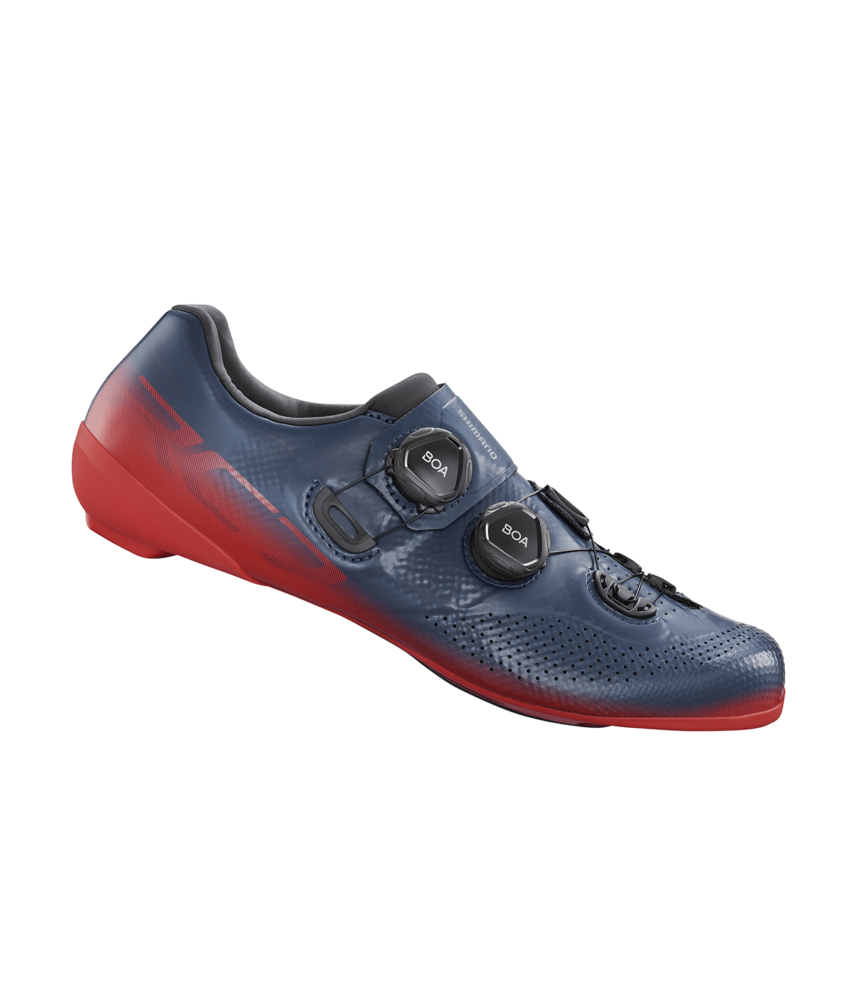 rc702-rod.png Landsvägssko Shimano SH-RC702, Röd/blå är en blå och röd cykelsko med två svarta BOA-knappar och en perforerad ovandel för ventilation.