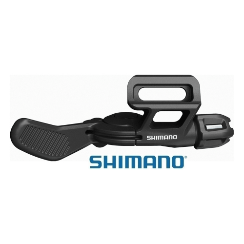 Shimano SL-MT800-IL dropper post fjärrkontroll, I-Spec EV. Svart finish med tydliga Shimano-logotyper. Studioljus framhäver detaljer och ergonomisk design. Designad för optimal prestanda och komfort.
