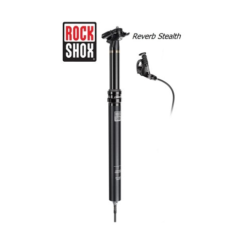 RockShox Reverb Stealth dropper post, 30,9 mm, i en ljus studiofotografering. Fokus på detaljer i den svarta, justerbara sadelstolpen och fjärrkontrollen med hydraulisk kabel.