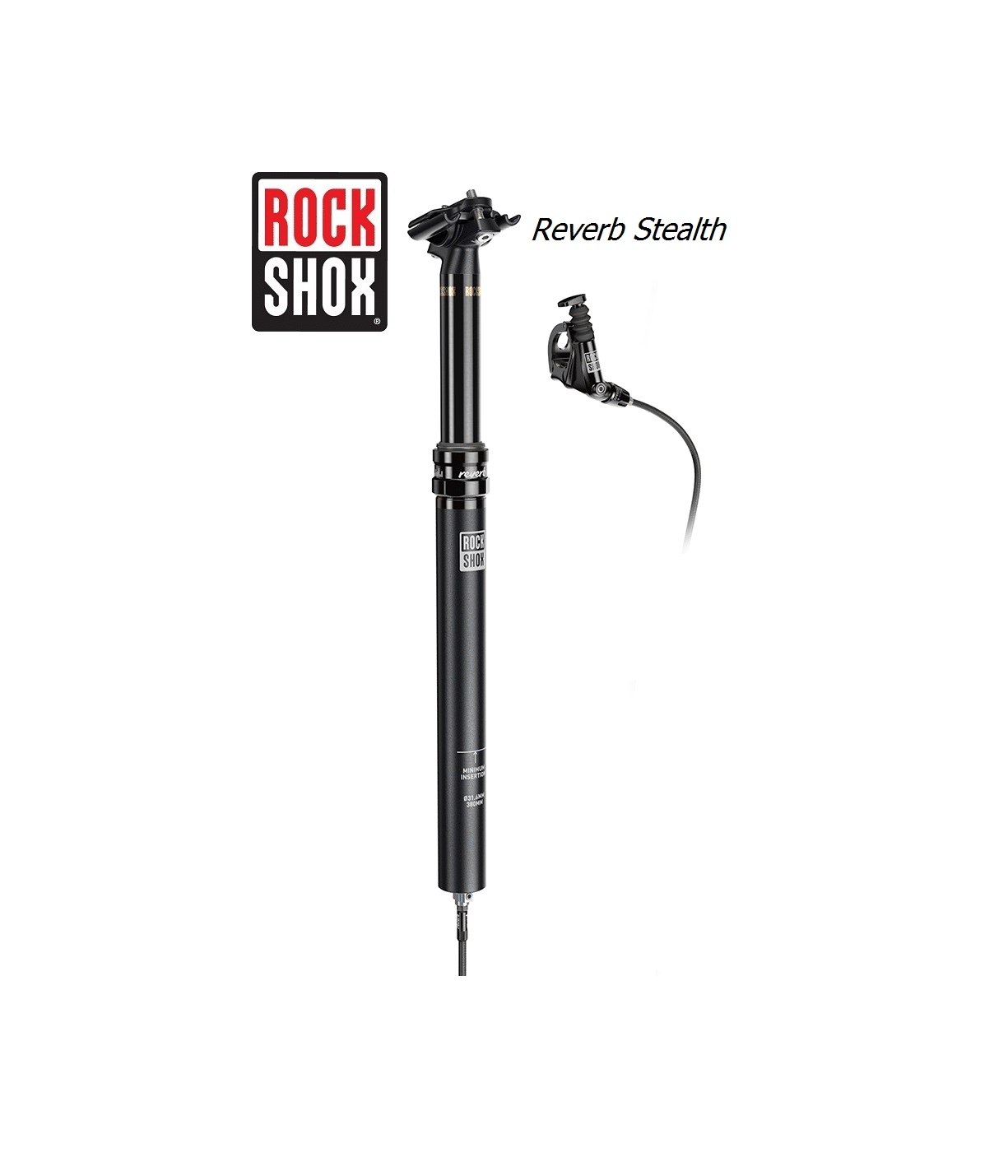 rockshox-reverb-sealth-309.png RockShox Reverb Stealth dropper post, 30,9 mm, i en ljus studiofotografering. Fokus på detaljer i den svarta, justerbara sadelstolpen och fjärrkontrollen med hydraulisk kabel.