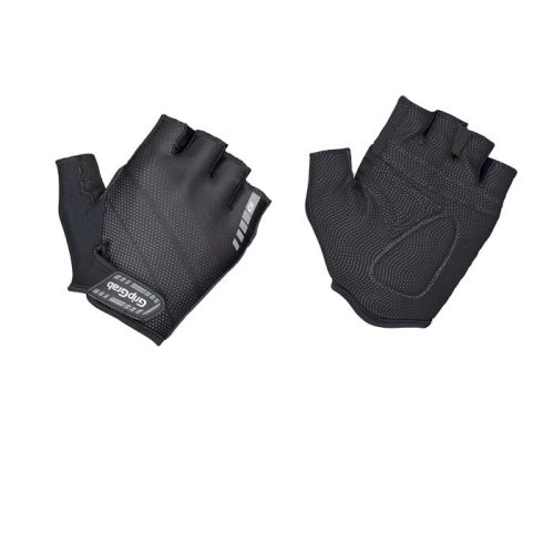 GripGrab Rouleur Padded Glove visas i svart och fingerlös på en vit bakgrund, med texturerade handflator och en logopatch på handleden på en handske.