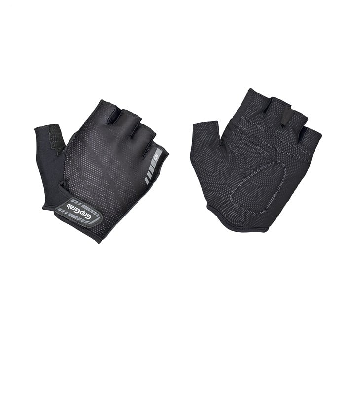 rouleur-svart.jpg GripGrab Rouleur Padded Glove visas i svart och fingerlös på en vit bakgrund, med texturerade handflator och en logopatch på handleden på en handske.