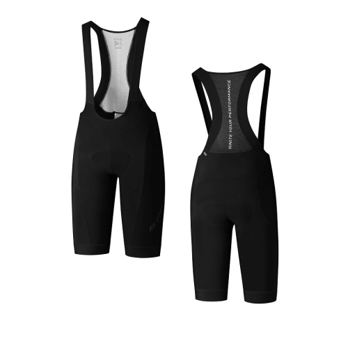 Fram- och bakifrån på Shimano S-Phyre Thermal Bib Short i svart med axelremmar. Dessa figursydda cykelbyxor visas på en vit bakgrund.