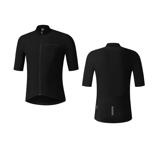 Fram- och bakifrån på Shimano S-Phyre Thermal Short Sleeve Jersey i svart, med hel dragkedja fram, uppstående krage, tre bakre fickor och en smidig, formsydd design.