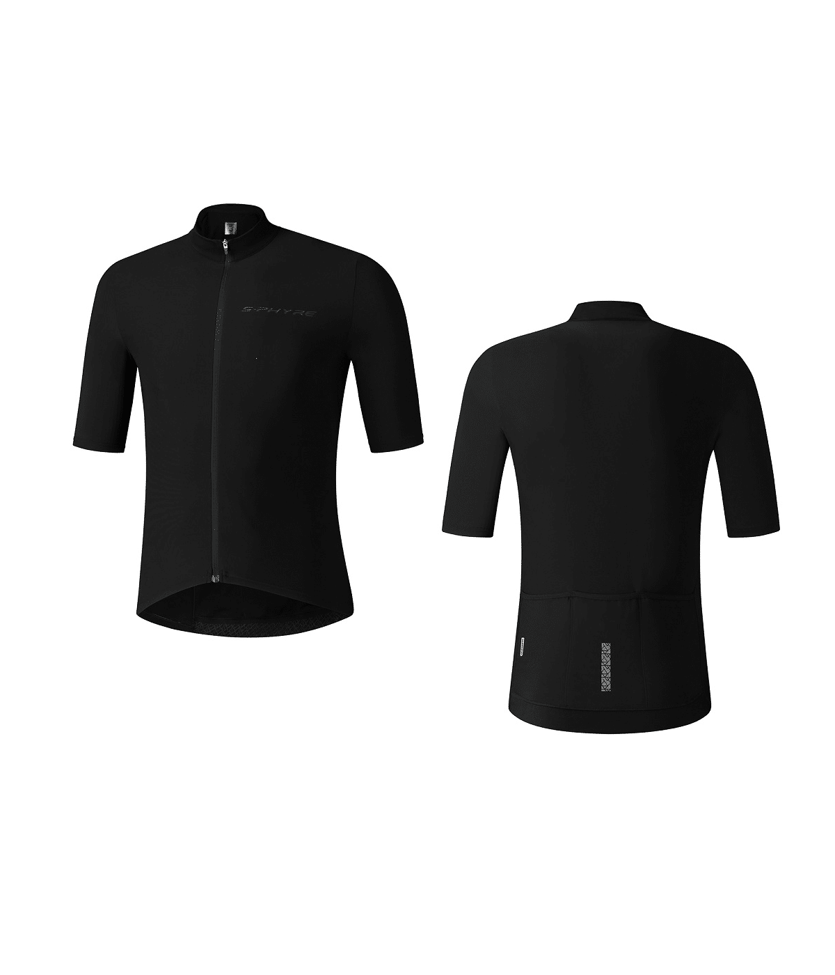 s-phyre-therminal-short-sleeve-jersey.png Fram- och bakifrån på Shimano S-Phyre Thermal Short Sleeve Jersey i svart, med hel dragkedja fram, uppstående krage, tre bakre fickor och en smidig, formsydd design.