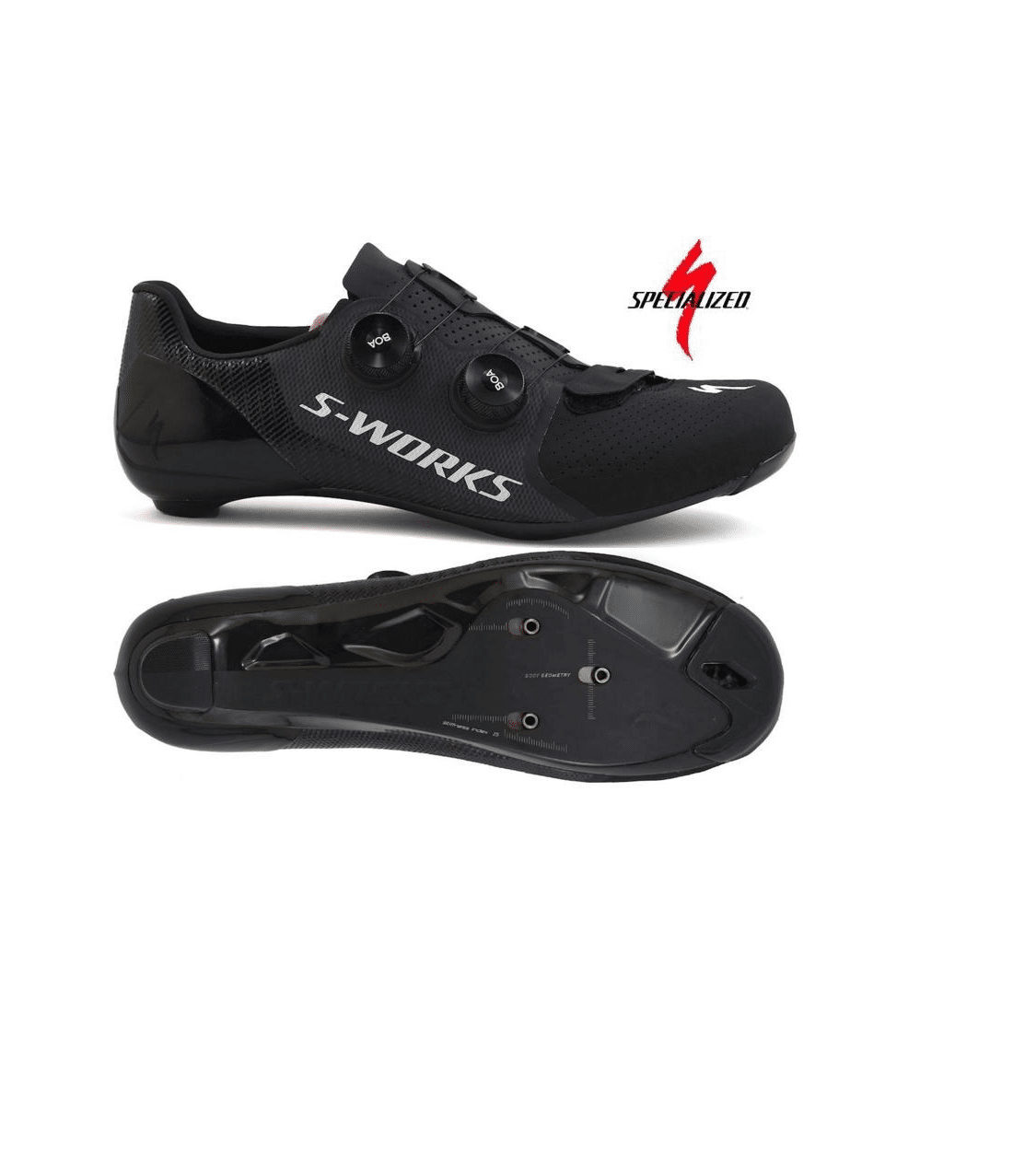 s-works.road_.7.svart_.png Ett par Specialized S-Works 7 Road (Svart) cykelskor visas från sidan och sulan