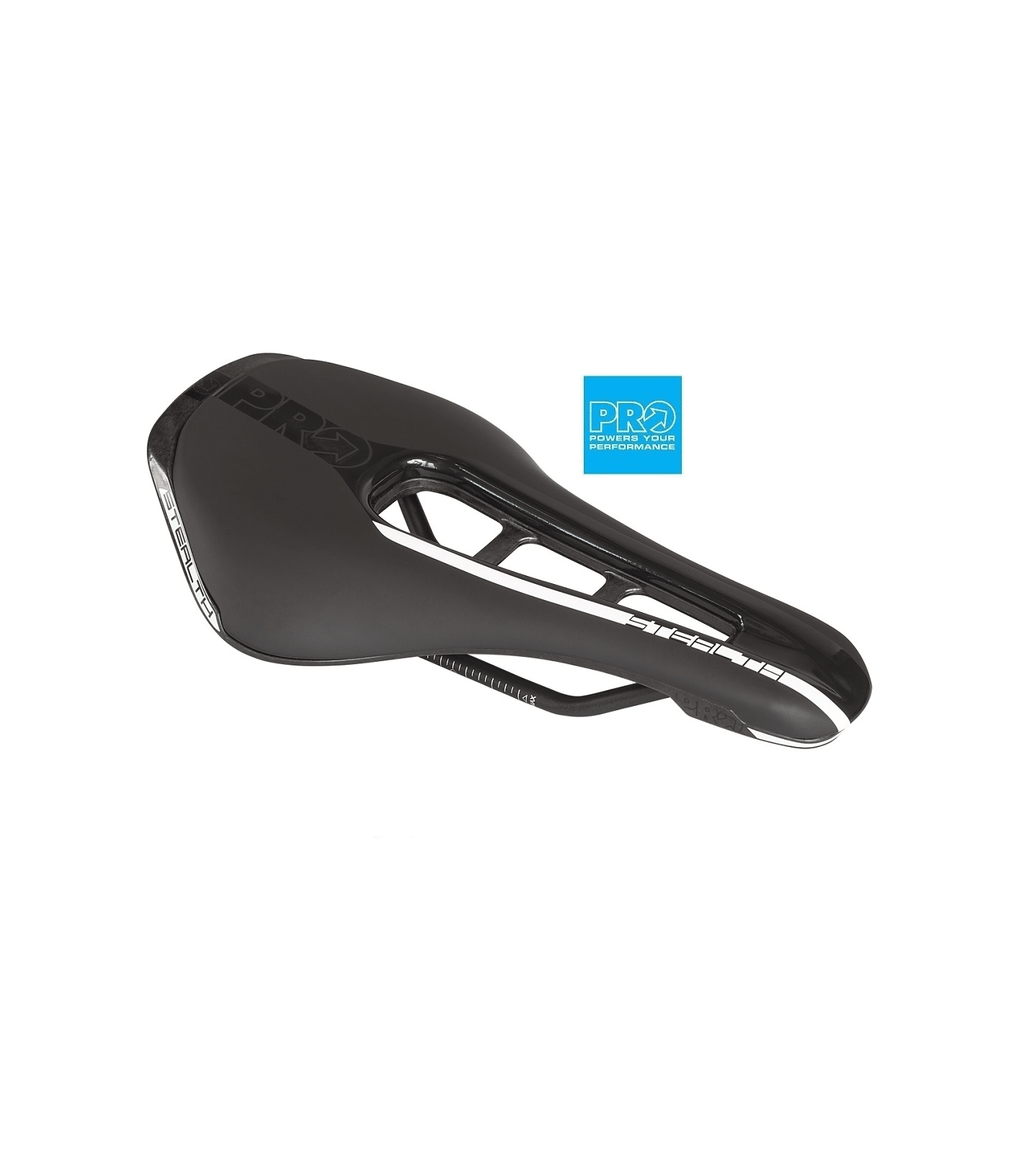 sadel-pro-stealth.png Svart PRO Stealth cykelsadel med vita detaljer och logotyp. Bilden är tagen i studio med jämnt ljus som framhäver detaljerna och den eleganta designen.