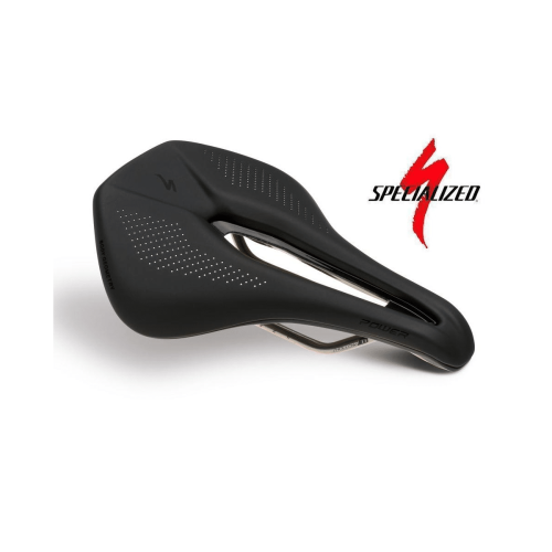 Den svarta Specialized Power Expert-cykelsadeln framträder tydligt mot den ljusa bakgrunden. Minimalistisk design med subtila detaljer och perforeringar framhävs av ljuset