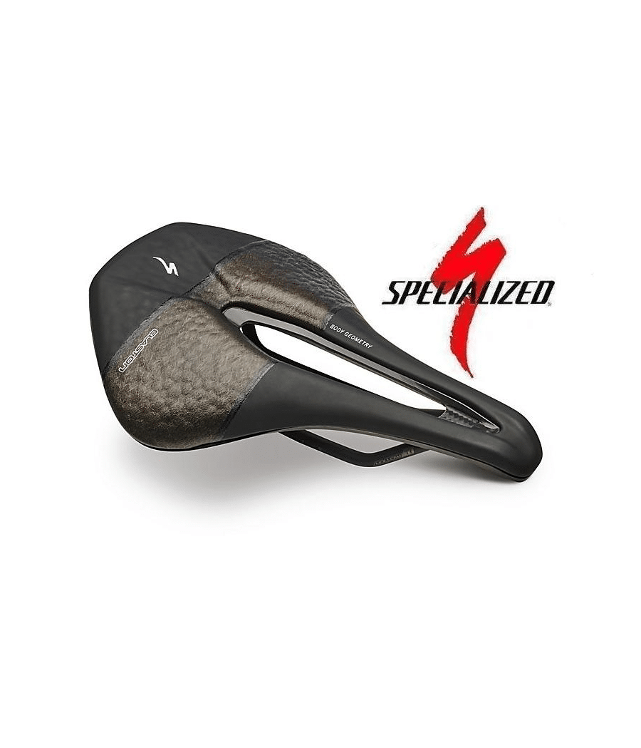 sadel-specialized-power-pro.png En detaljerad bild av en Specialized Power Pro-sadel, mot en vit bakgrund. Sadeln har en unik design med texturerad yta och en röd Specialized-logotyp synlig. Atmosfären är professionell och välbelyst.