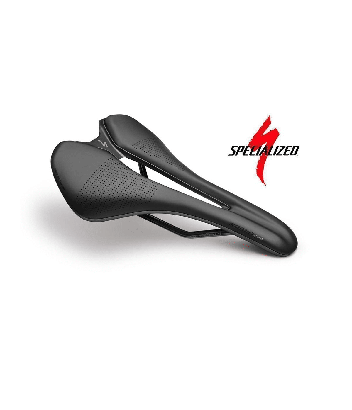 sadel-specialized-romin-evo-comp-gel.png Detaljerad bild av en svart Specialized Romin EVO Comp Gel cykelsadel, placerad på en vit bakgrund. Belysningen framhäver sadelns form och textur, inklusive de perforerade detaljerna.