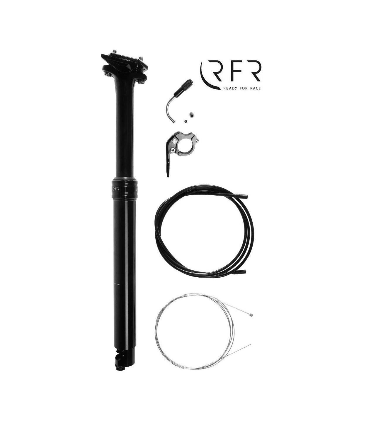 sankbar-sadelstolpe-rfr-telescope-pro.png En sänkbar sadelstolpe RFR Telescope Pro, exponerad i en ren studiobelysning. Stolpen är svart och åtföljs av monteringsdelar som kablar och fästen, arrangerade på en vit bakgrund.