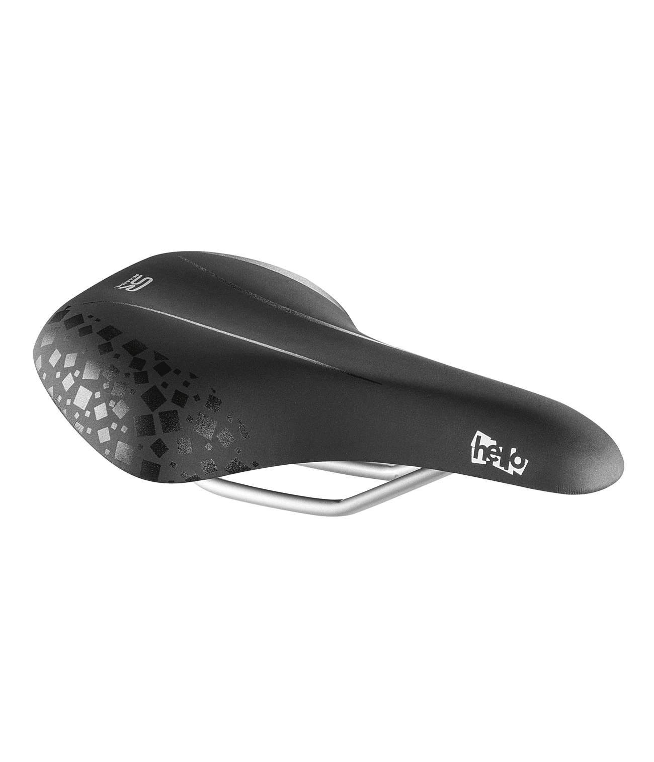 selle-royal-barnsadel-24.png Detaljerad bild av en svart Selle Royal SR sadel Junior Hello 24 med geometriska mönster mot en vit bakgrund, perfekt för unga cyklister.