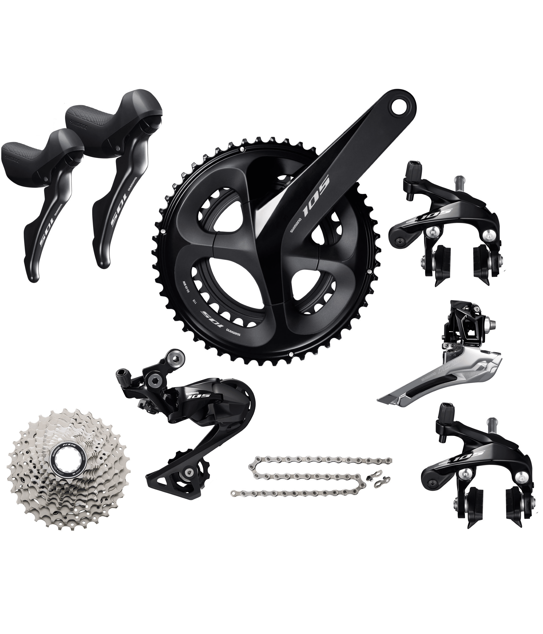 shimano-105-grupp-falg1.png Detaljerad visning av en Shimano 105 R7000-grupp. Svart och silverfärgade komponenter ligger utspridda mot en vit bakgrund, starkt belysta för att framhäva detaljerna.