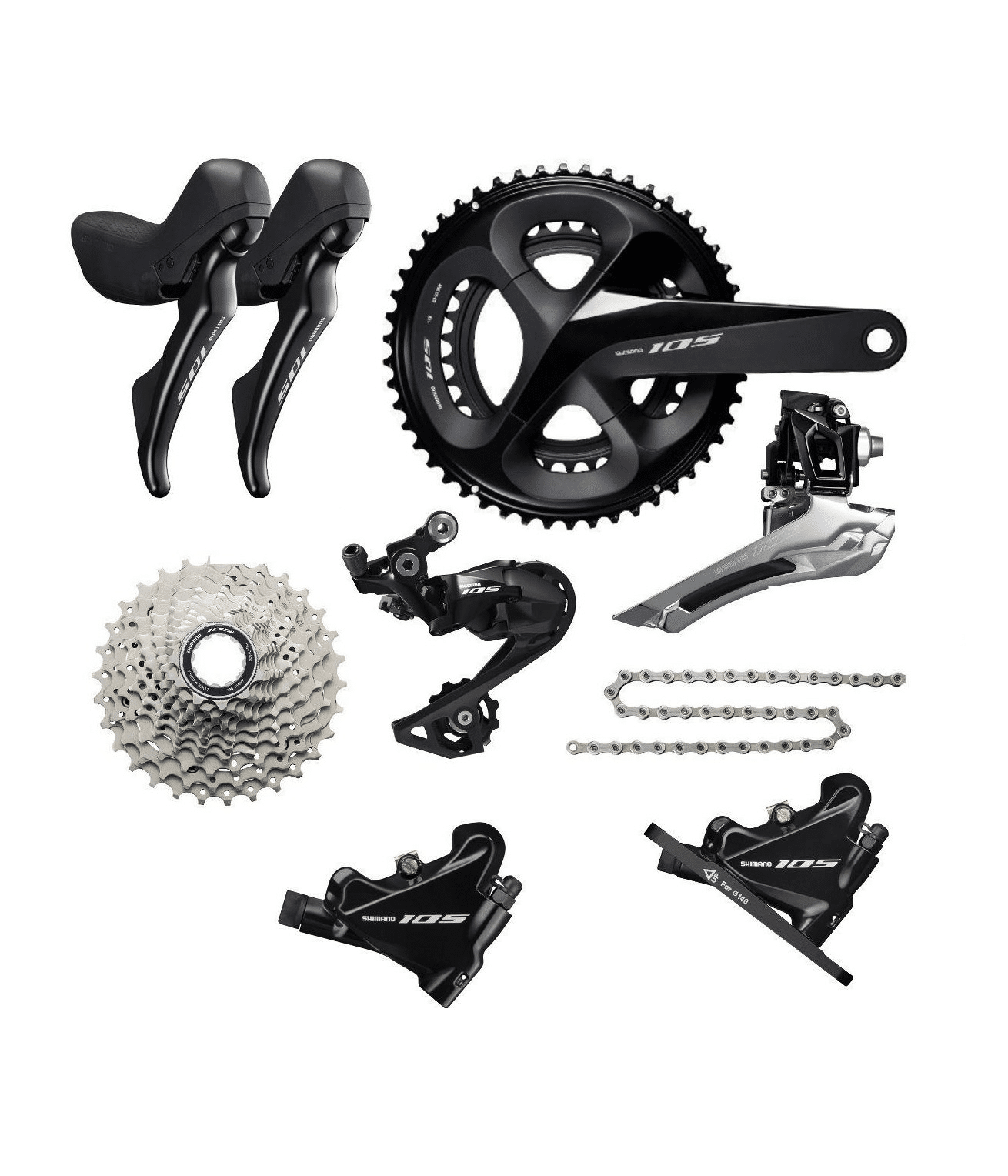 shimano-105-grupp.png En Shimano 105 R7020 Disc grupp visas, bestående av växelreglage, kedjekrans, framväxel, bakväxel, kedja och bromsar, fotograferad i studiobelysning.