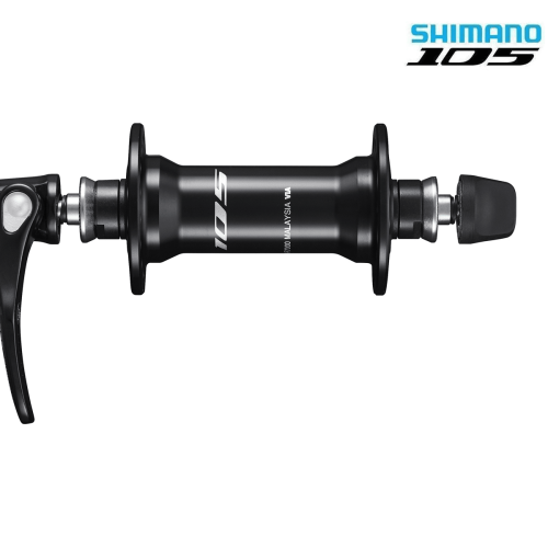 Svart Shimano 105 HB-R7000 framnav visas i detalj, med fokus på dess mekaniska komponenter och den distinkta logotypen. Bilden framhävs av skarpt ljus och en ren, vit bakgrund.